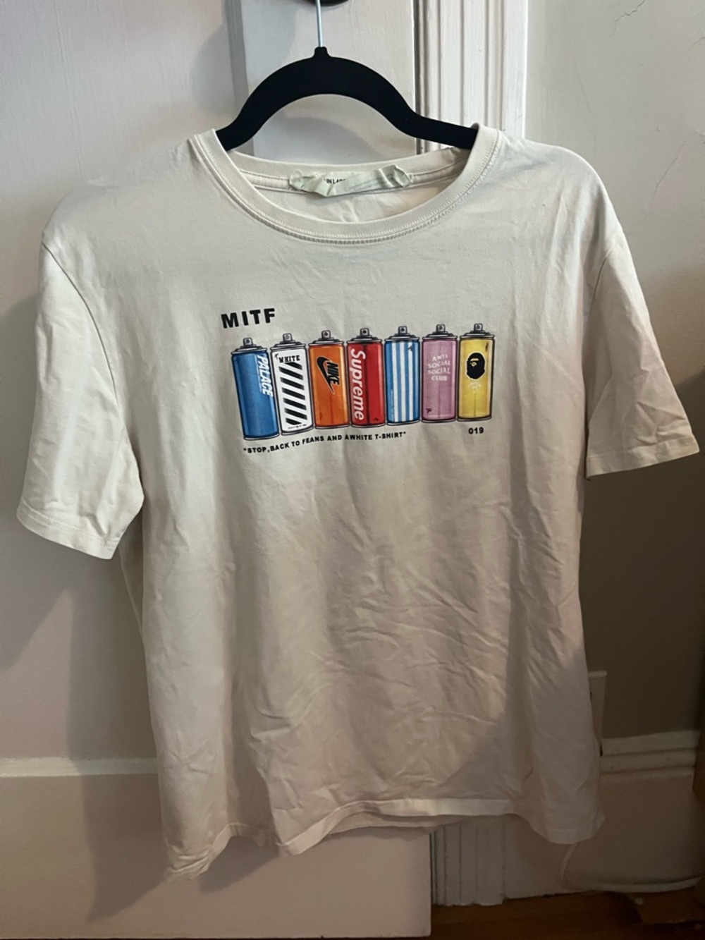 Off-White White Tee with Multicolor Canister Graphic